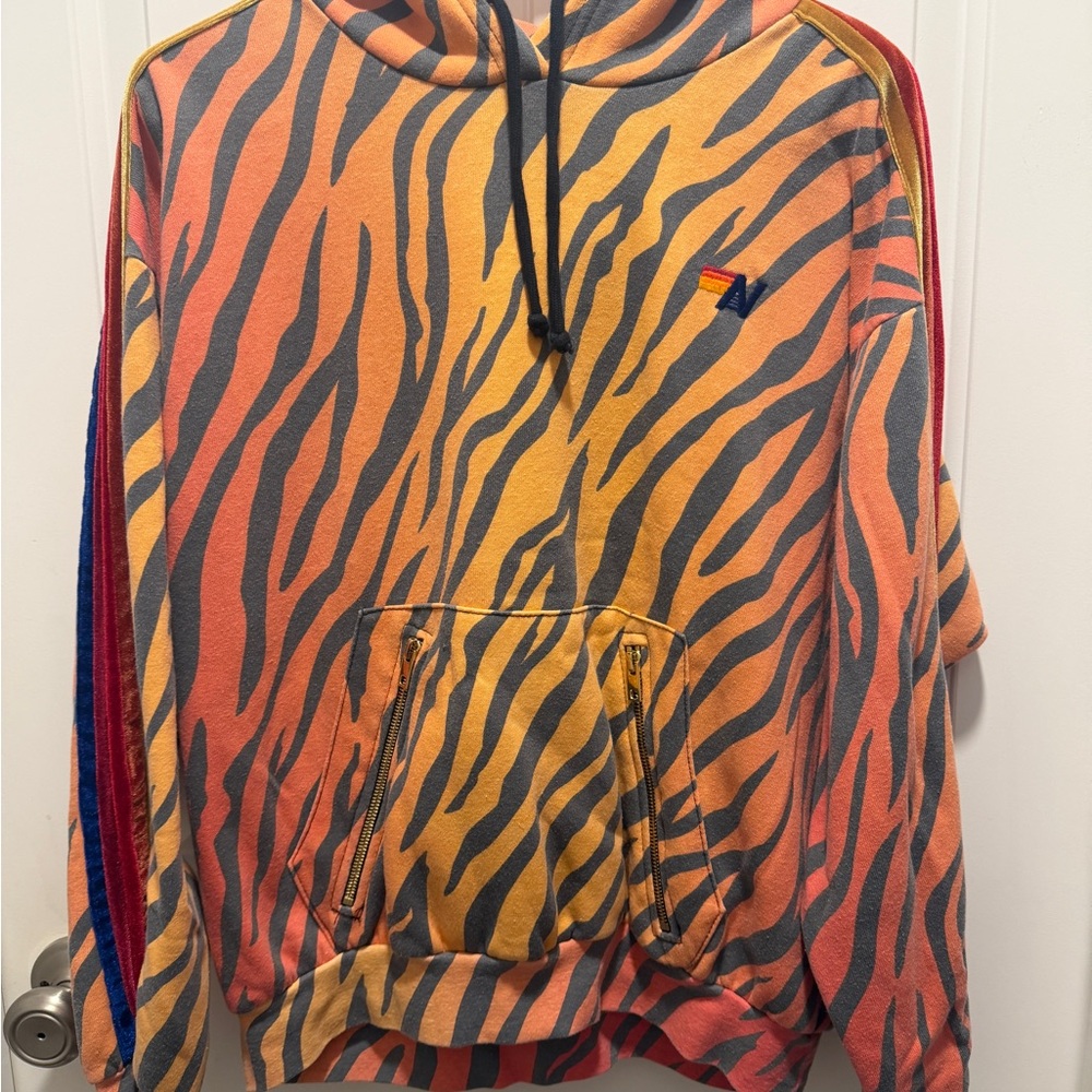Aviator Nation Orange and Charcoal Striped Hoodie